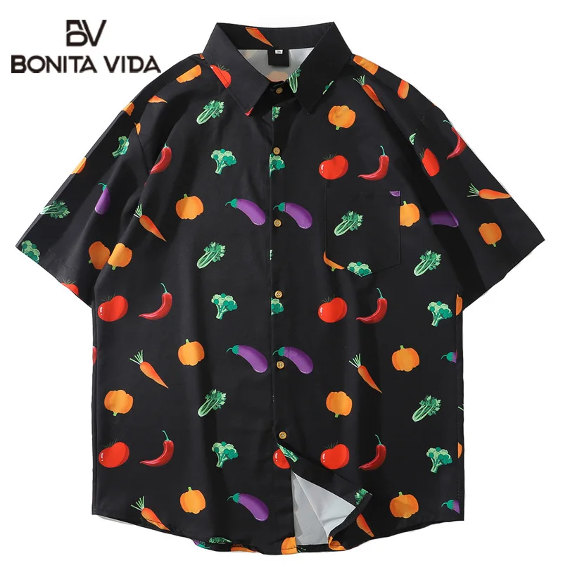 

Bonita Vida Pumpkin Carrot Vegetables Print Hawaiian Shirts Mens Summer Casual Short Sleeve Beach Shirt Tropical Hip Hop Tops