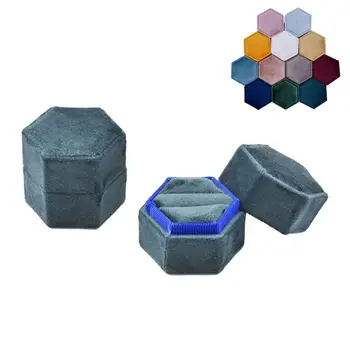 

Velvet Double Ring Box Hexagon Wedding Ceremony Ring Box with Detachable Lid F3MD