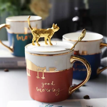 

CUTE CARTOON CAT MUG WITH SPOON LID HOME DRINKWARE CERAMIC TEA CUPS AND MUGS FOR COFFEE GIFT COUPLE CUP