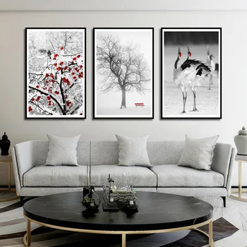 

Winter Snow Scene Canvas Painting Tree Red-crowned Crane Hanging Wall Art Home Decor Poster For Living Room Bedroom Decoration