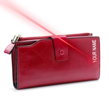 

Free Engraving Your Name Genuine Leather Women Wallet Female Pocket Long Purses Hasp Oil Wax Leather Lady Coin Purse Card Holder