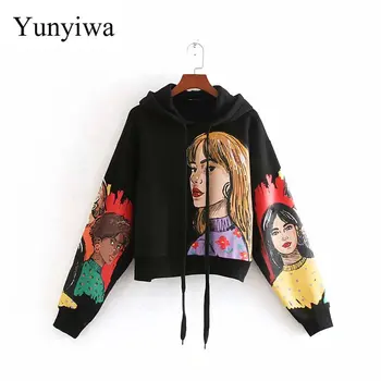 

New 2020 Women Vintage Beauty Girls Print Casual Hooded Sweatershirts Retro Female Basic Knitted Fleece Hoodies Chic Tops