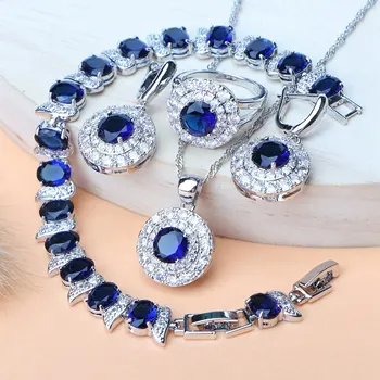 

925 Sterling Silver Jewelry Sets Bridal Blue Zircon Wedding Jewelry Necklace Set Rings Earrings Bracelet Pendant For Women