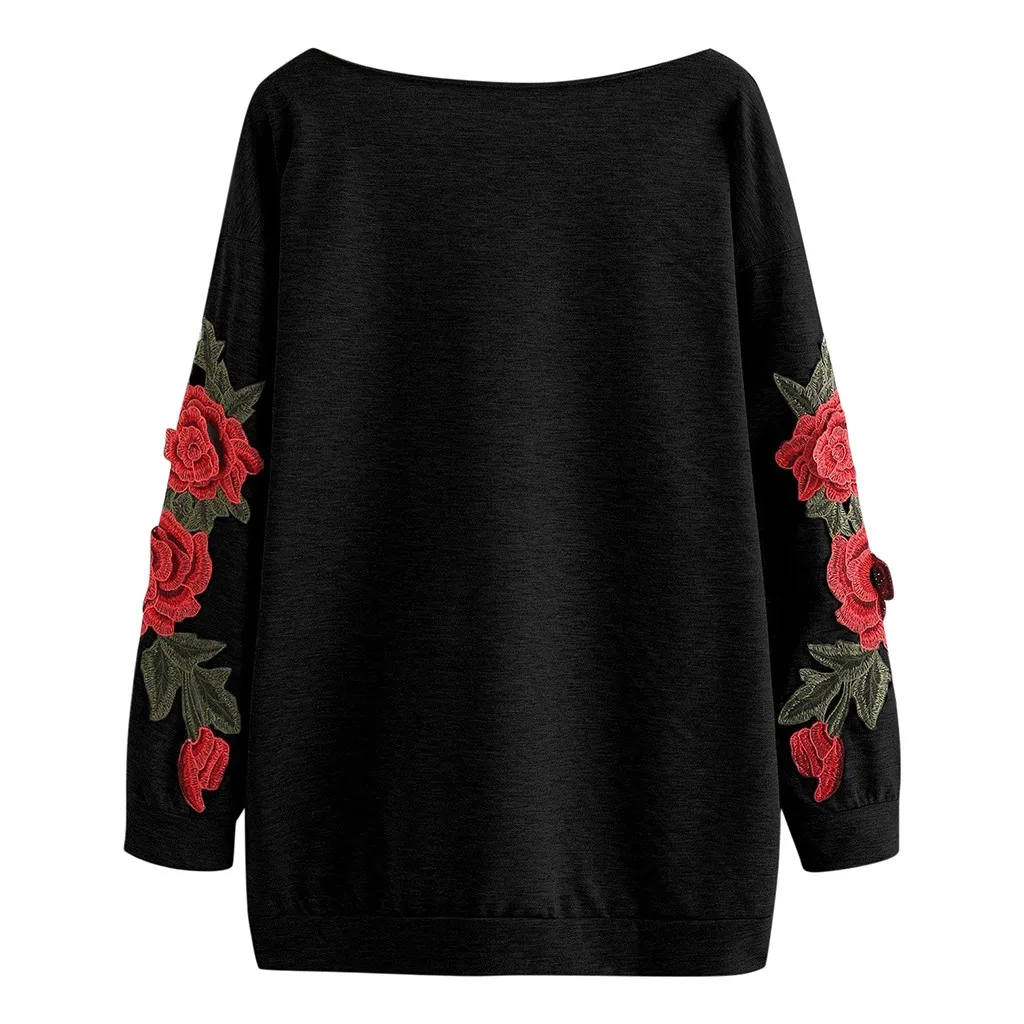 Женские толстовки ropa mujer с круглым вырезом и длинным рукавом, с вырезами, с цветочной аппликацией в виде розы, Длинная женская толстовка bluza damsk moletom feminino
