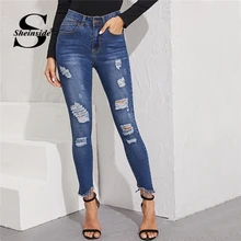 Sheinside, повседневные, рваные, с деталями, обтягивающие джинсы, для женщин, весна, высокая талия, с потертостями, кроп-брюки, для девушек, синяя отделка, брюки