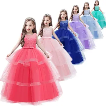 

4-14T Sleeveless Layered Dress For Girls Pearl Flower Lace Costumes Summer Formal Party Prom Frocks Child Performance Ball Gown
