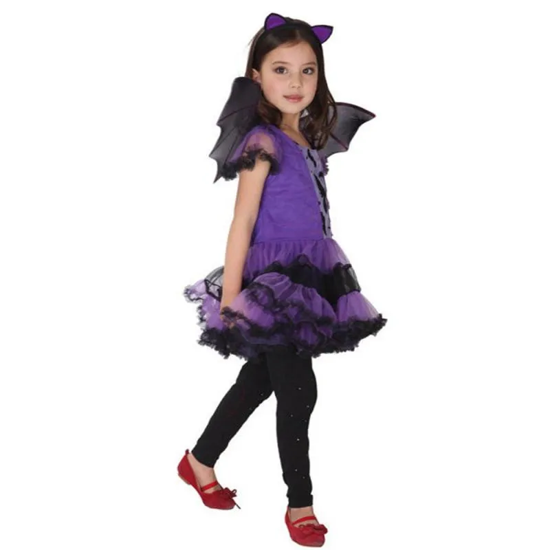 90-160 см, фиолетовое платье для девочек на Хэллоуин, летучая мышь вампир, платье принцессы, повязка на голову с крыльями, костюм для косплея, Детские комплекты, страшный клоун, одежда ведьмы@ A