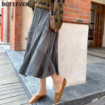 

BGTEEVER 2020 A-line Women Velvet Skirts Elastic Waist Stacked Pleated Vintage Female Skirts faldas mujer moda Spring Summer