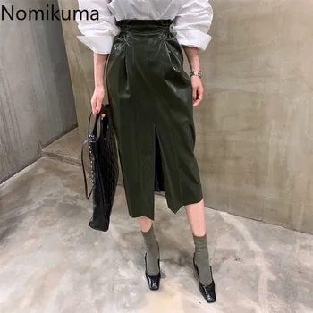 

Nomikuma High Waist Back Zipper PU Skirt Solid Color Split Vintage Fashionable OL Skirts Women 2020 New Arrival Faldas 3a216