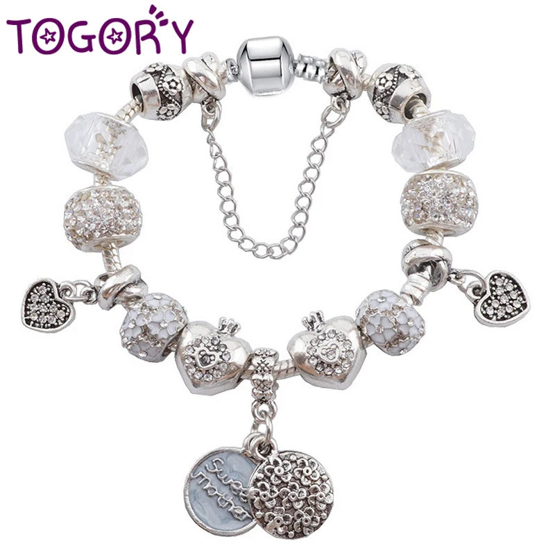 

Silver Plated Sweet Mother Pendant Charm Bracelets For Women Mom White Love Heart Beads Bracelet As Mother Fashion Jewelry Gift