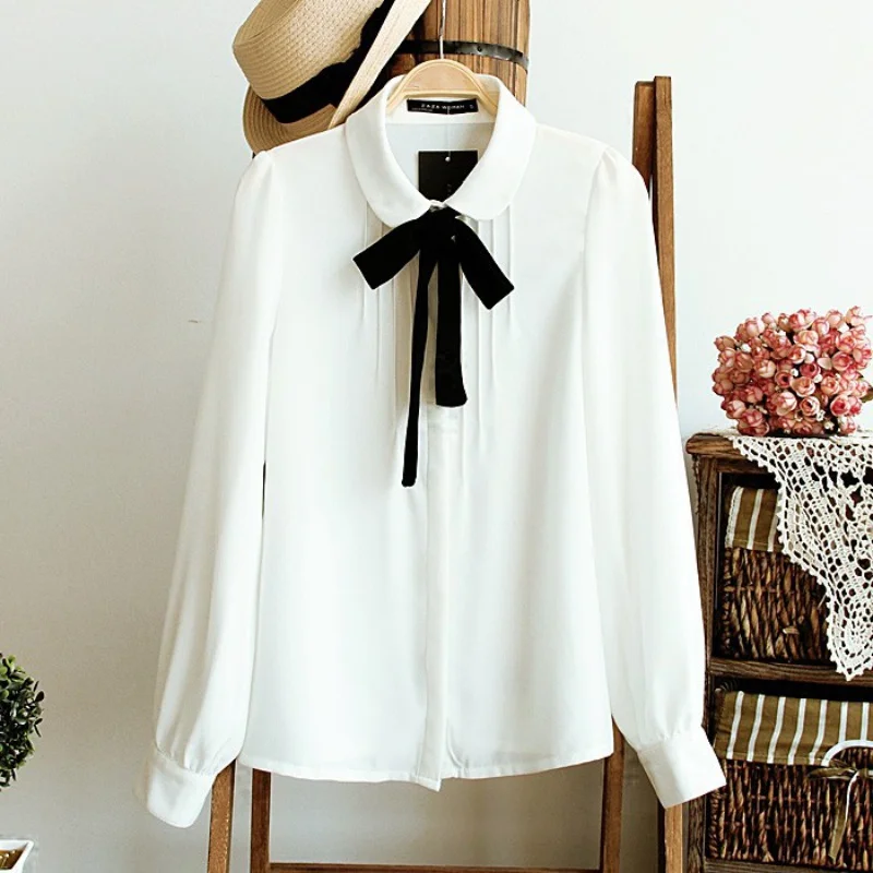 

Fashion Female Elegant Bow Tie White Blouses Chiffon Peter Pan Collar Casual Shirt Ladies Blouse summer blouses for women