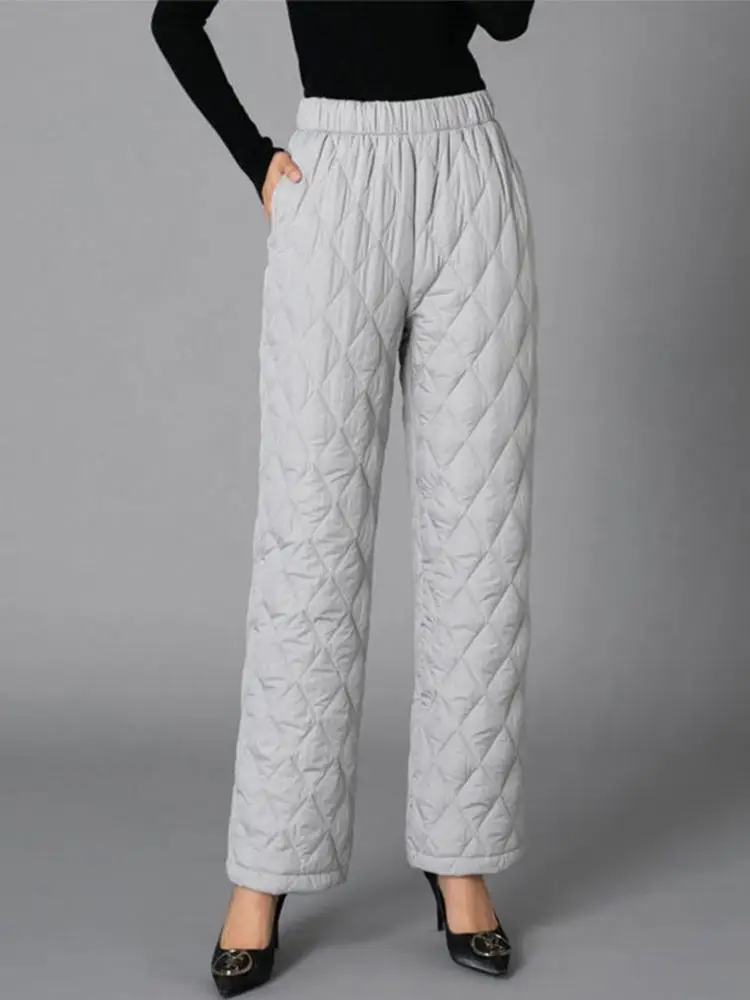 Women Winter Warm Down Cotton Pants Padded Quilted Trousers Elastic Waist Casual Trousers
