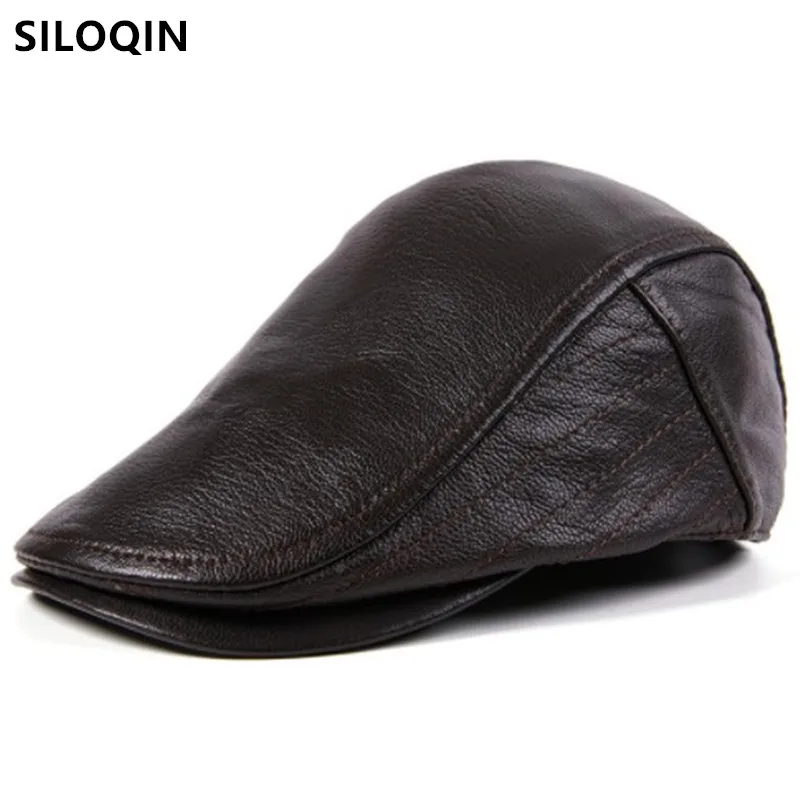 

SILOQIN New Winter Men's Genuine Leather Hat Warm Cold Proof Sheepskin Berets Snapback Cap Male Bone Casual Fashion Black Caps