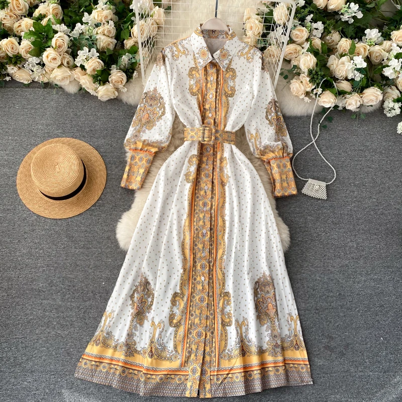 Spring And Autumn Women's Dress Retro Palace Style With Puffy Sleeves Belt Temperament Holiday