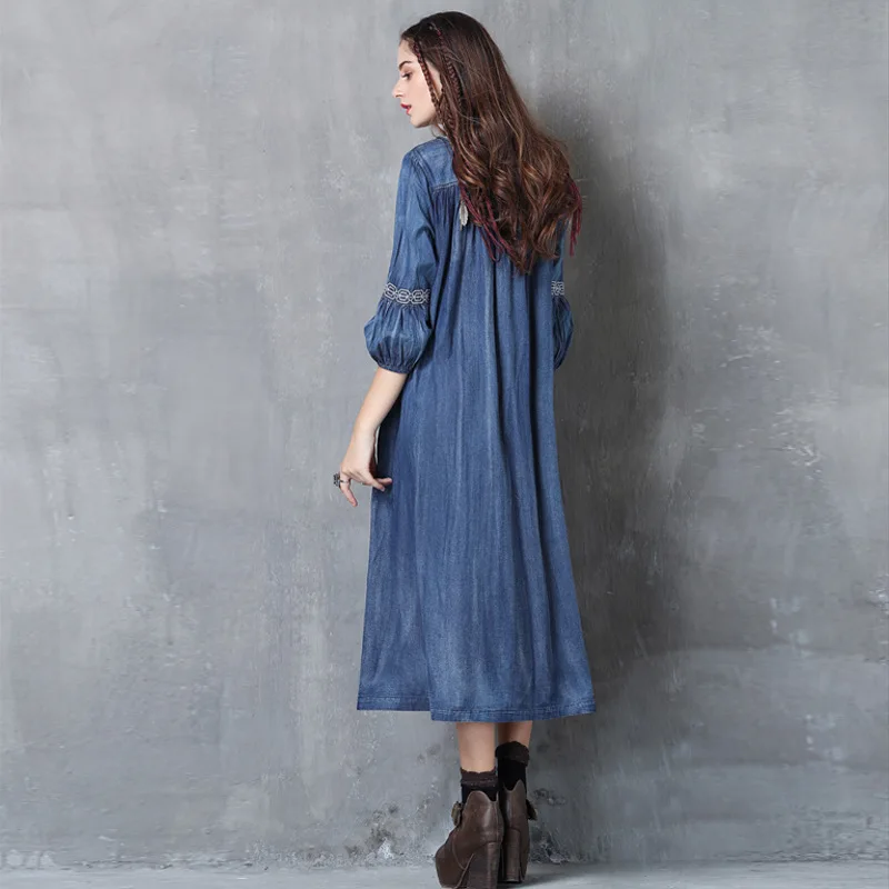 

Hot Selling Women's Clothing 2019 Autumn New Style Plus-sized Denim Skirt Retro Embroidered Half-sleeve Shirt Dress 82053
