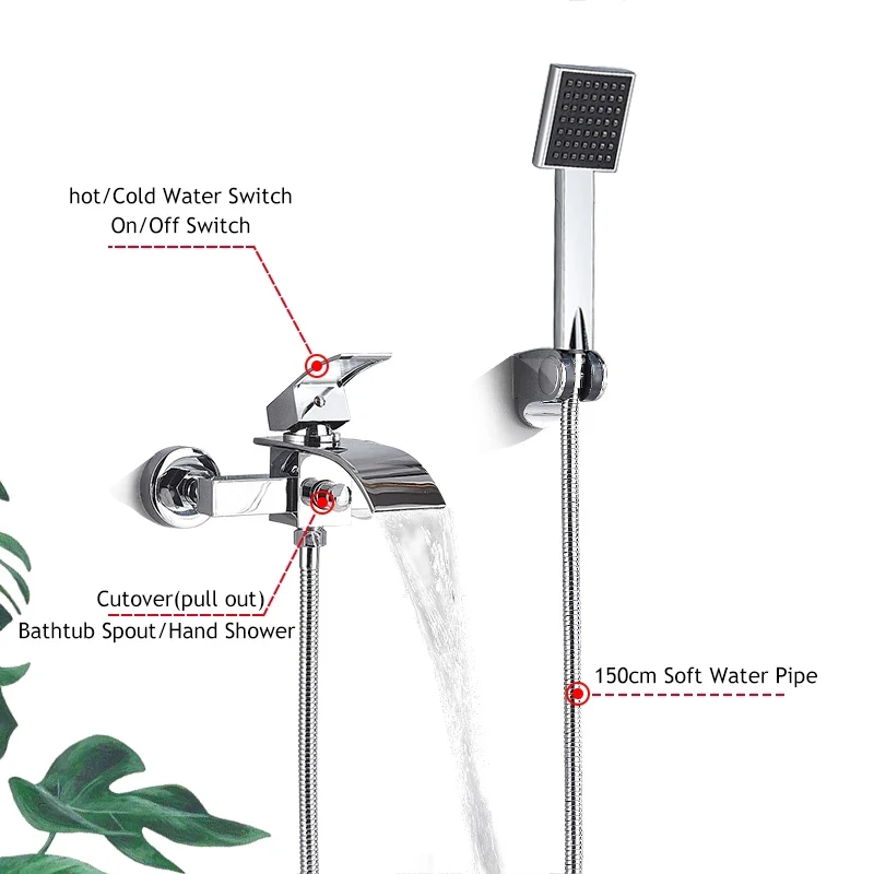ULGKSD Chrome Plated Bathtub Faucet Set Waterfall Spout Solid Brass Hot Cold Mixer Tap Bath Shower Faucets Wall Mounted 2