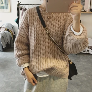 

Autumn Winter Knitted Sweater Women Fashion Vintage Korean Long Sleeve Knitwear Solid Loose Round Neck Pullovers Tops Female