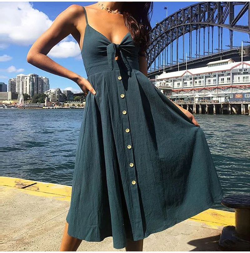 

Sexy Backless Polka Dots Print Beach Summer Dress Women 2020 Deep V Neck Boho Sundress Red White Midi Dresses