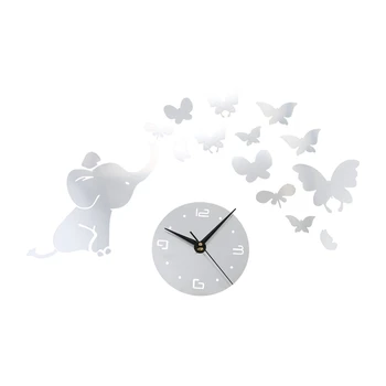 

1 Pcs Silver 3D Wall Stickers Clock Butterfly Elephant Petals Pattern Sticker DIY Mirror Clock, for Home Kitchen Office Bedroom