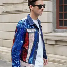 Настоящая мужская джинсовая куртка в американском стиле с блестками и бисером, топ на бедрах/короткая куртка-смокинг/сценическое представление/Азиатский размер