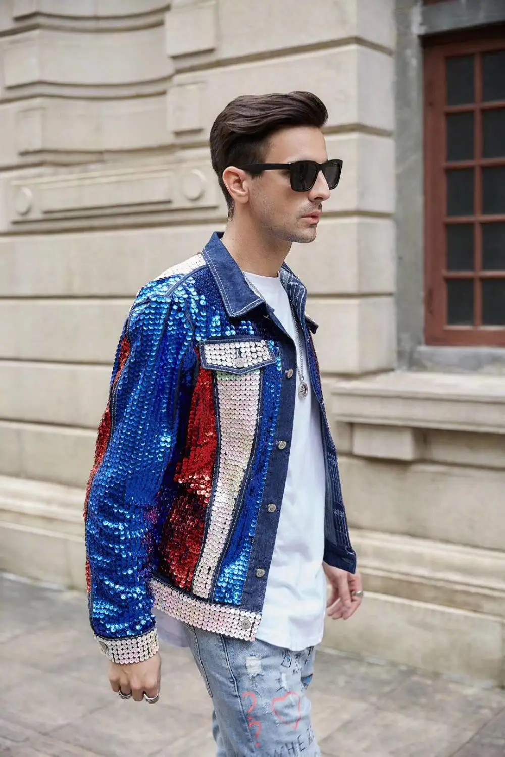

100%real men U.S style full sequined beading jean jacket hip top/short tuxedo jacket/stage performance/ASIA SIZE