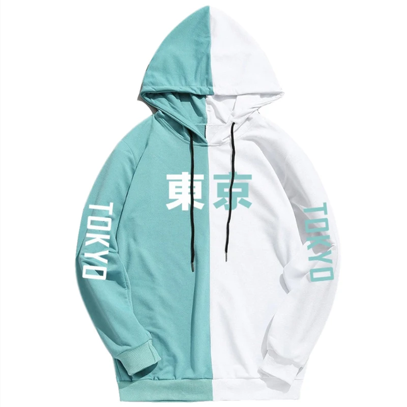 

2019 Hoodies Men Patchwork Color Men Pullover Kanji Print Simple College Style Sweatshirt Casual Couple Autumn Streetwear