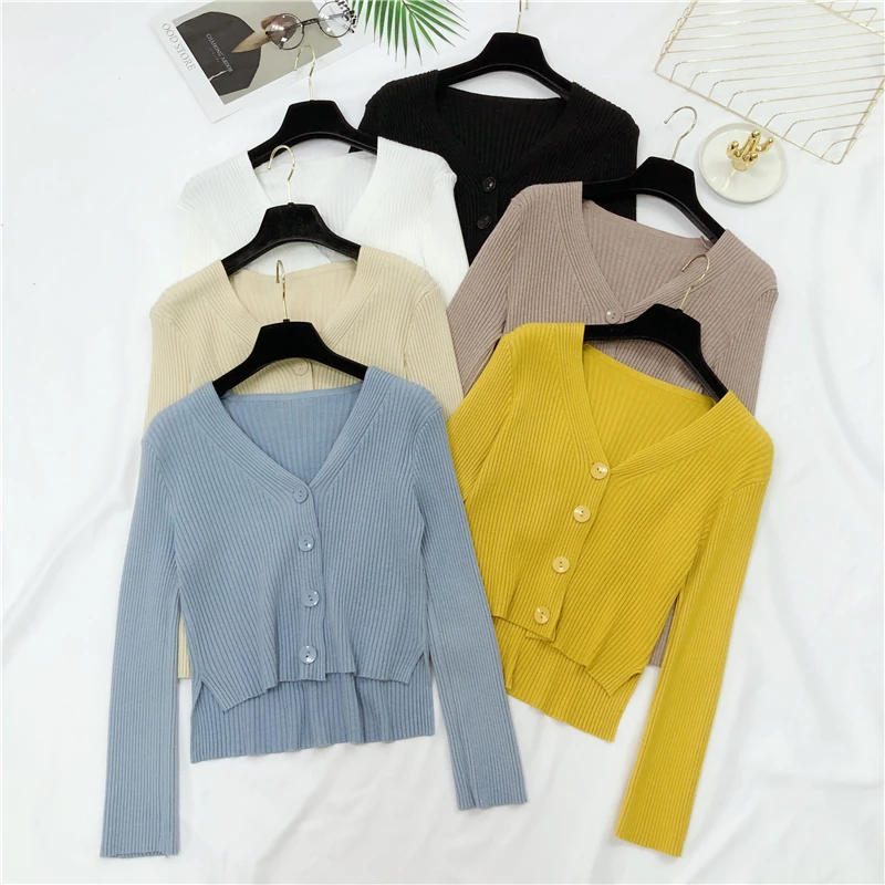 

Autumn Winter Vintage Knitted Women Sweater Female Tops V-neck Slim Sweater Button Long Sleeve 2019