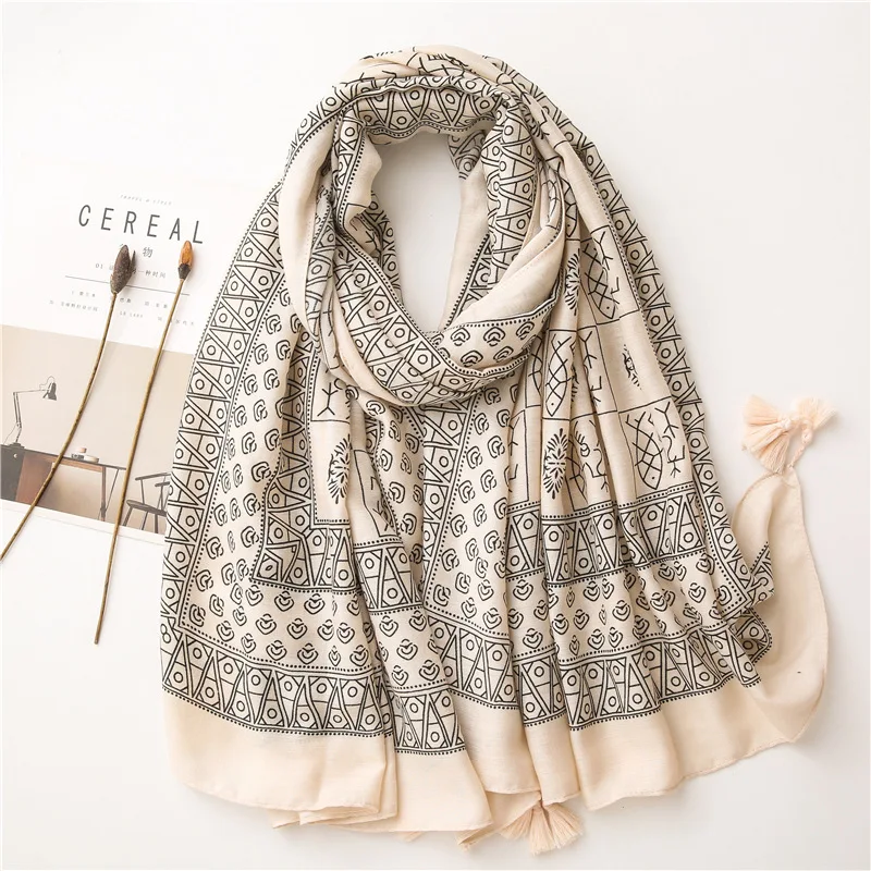 

Retro style Oracle wild beige bottom geometric student gauze oversized sunscreen shawl cotton and linen scarf female autumn
