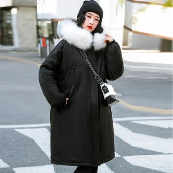 

Women Fur Collar Jacket Female Adjustable Waist Winter Jacket New Warm Thick Medium Long Hooded Parka Coat