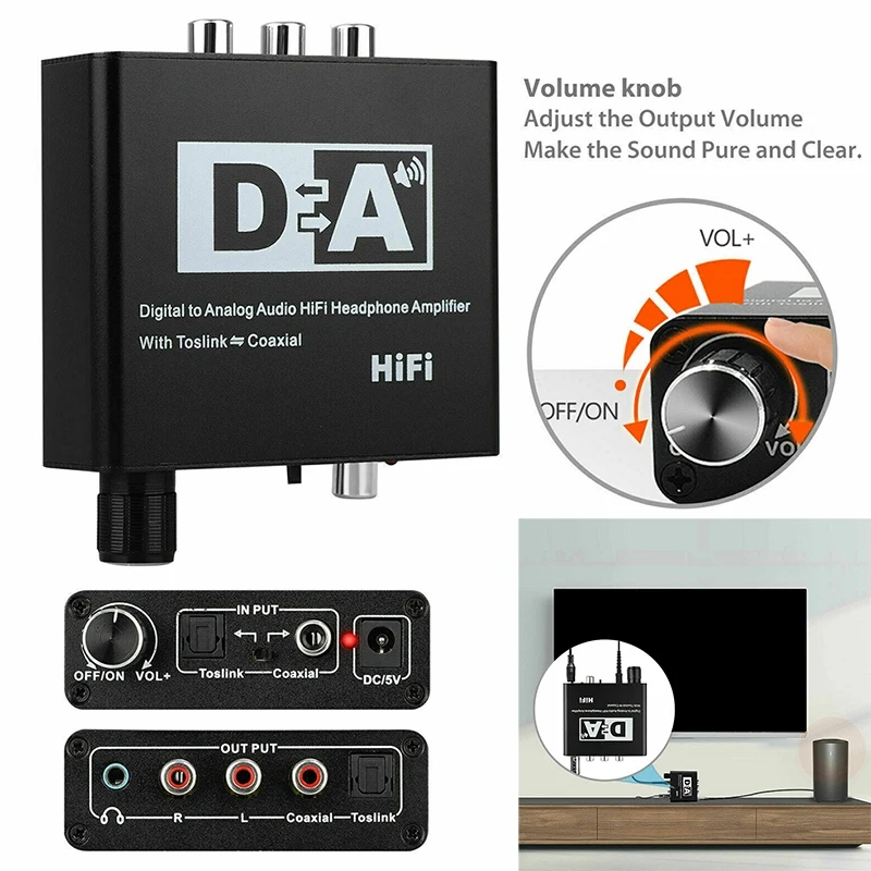 Hifi DAC Amp Digital to Analog o Converter RCA 3 5mm Headphone Amplifier Toslink Optical Coaxial Output