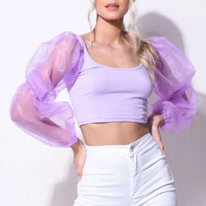 Женская прозрачная Сетчатая футболка с длинными рукавами-фонариками облегающая