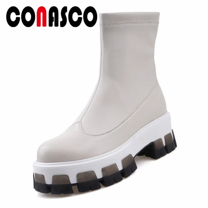 

CONASCO 2020 Retro Woman Autumn Winter Warm Platforms Flats Basic Shoes Genuine Leather Increasing 6cm Ankle Boots Shoes Woman