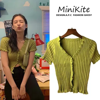 

Vintage V-Neck Knitted Cardigan T-shirt Sweater Coat Crocheted Jacket Single-breasted Slim Pullovers Crop Tops Sweters Invierno