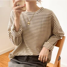 

AOSSVIAO 2022 100% Cotton Stripe T Shirt Women Harajuku Basic Loose Long Sleeve Tees Soft Female Solid Tops Khaki Summer Jumper