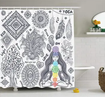

Yoga Shower Curtain Ethnic Elements Bohemian Style Oriental Symbols and Words Awakening Peace Inspiration Bathroom Decor Set