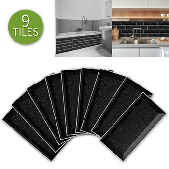 

9Pcs Black Tile Effect Sticker 3D Brick Tile Wall Sticker Waterproof For Bathoom Kitchen Wall Tile Decor 20*10cm Self-adhesive