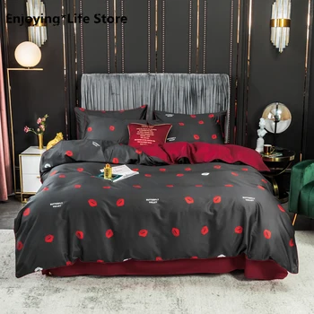 

Queen King Twin Size 60S Egyptian Cotton Soft Bedding Set Red Lips Printing Black Duvet Cover Bed Linen Fitted Sheet Pillowcases