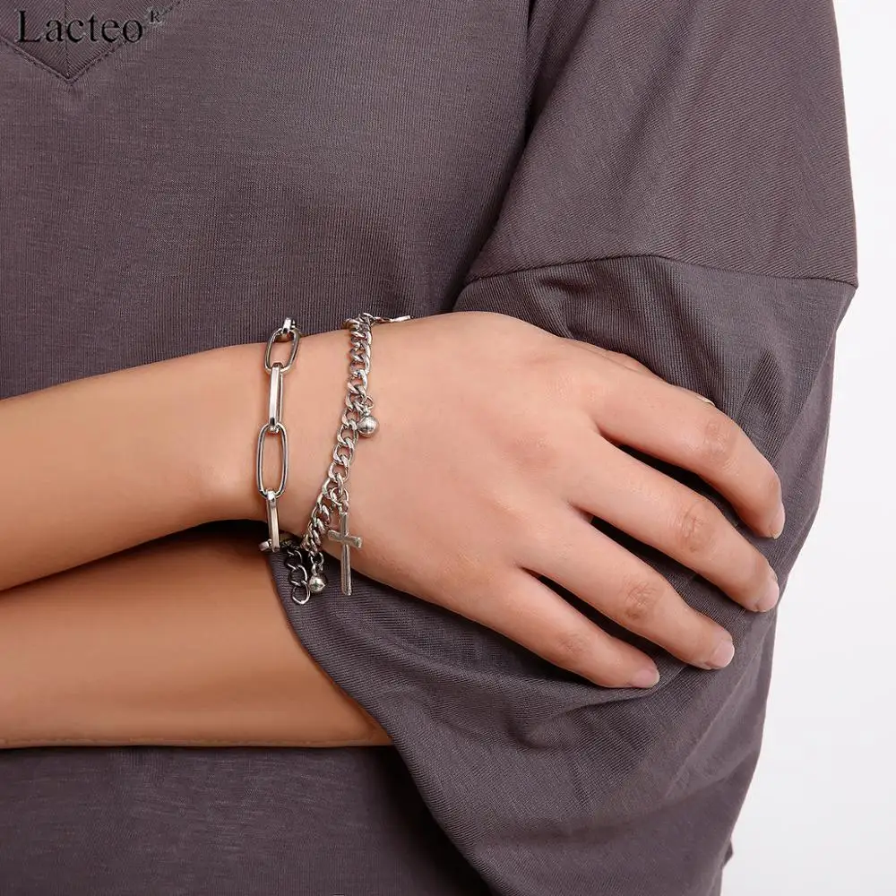 Lacteo панк 2 шт./компл. серебро 2 крест браслет с подвеской бижутерия для Для женщин в стиле «хип-хоп» с круглым шарик тонкая цепочка женский браслет
