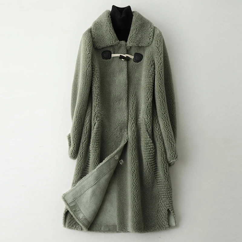 green Пальто из натурального меха, шерстяная куртка, осенне-зимнее пальто, женская одежда, Корейская винтажная овечья шерсть, замшевая подкладка, Abrigo Mujer ZT3637 - Цвет: green