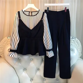 

Plus Size 4Xl 2018 2 Piece Set Ruffles Autumn Women Business Suits Striped Flare Sleeve Top And Elastic Waist Pants Suit