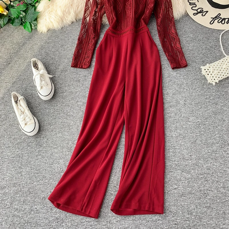 Autumn Fashion Sexy Lace Hollow Stitching Wide-legged High Waist Long Sleeve Jumpsuits Women Solid Color Elegant Overalls J897