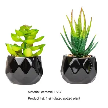 Artifical Mini Baby Cactus Plant In Black Ceramics Potted Bonsai Artificial Green Cucculent plants Bonsai set fake Flower with vase Home Balcony Decoration 6