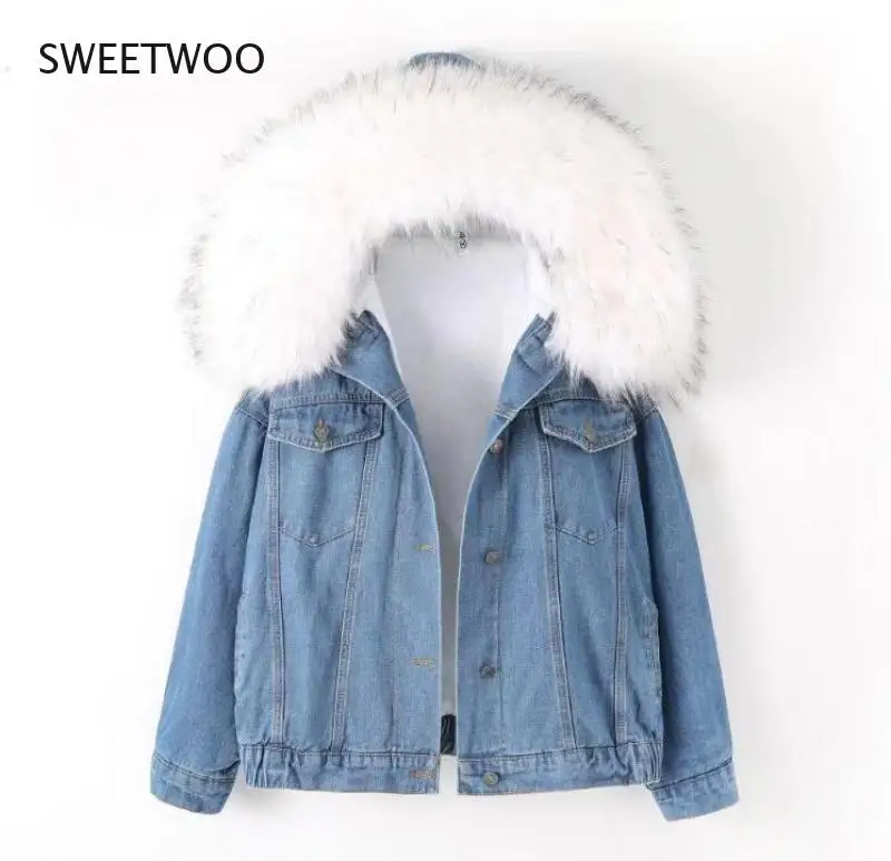 2021 Big Faux Fur Collar Denim Jacket Women Winter Hooded Warm Jean Jacket Student Basic Short Parkas Female Bomber Coat