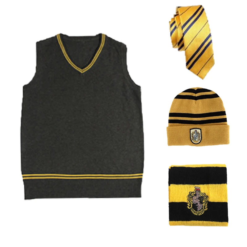 Hufflepuff 4pcs 4 шт. комплект Поттер Косплей Гриффиндор свитер галстук шарф шапка для взрослых зимний жилет Slytherin Ravenclaw Hufflepuff костюмы D2103AD - Цвет: Hufflepuff 4pcs