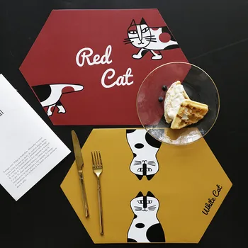 

Cartoon Leather Mats Pads Cute Cat PU Placemat Hexagon Waterproof Insulation Coaster Non-slip Bowl Mat Rollable Lunch Table Mat