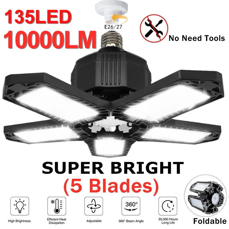 LED Garage Light LED High Bay Workshop Ceiling Light Warehouse Lighting Bulb 100W Adjustable 5 Leaf Deformable Lamp For Garage