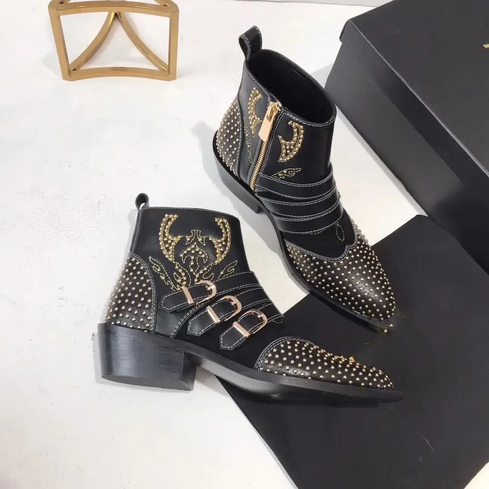 

Fashion Boots Women Pointed Toe Rivets Studded Real Leather Ankle Boots Buckle Belt Kitten Heels Winter Shoes Black Botas Mujer