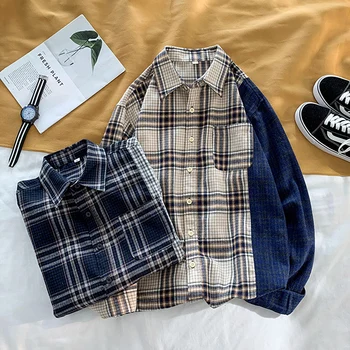 

Autumn New Plaid Shirt Men Fashion Retro Contrast Color Stitching Casual Shirt Man Streetwear Wild Loose Long-sleeved Shirt