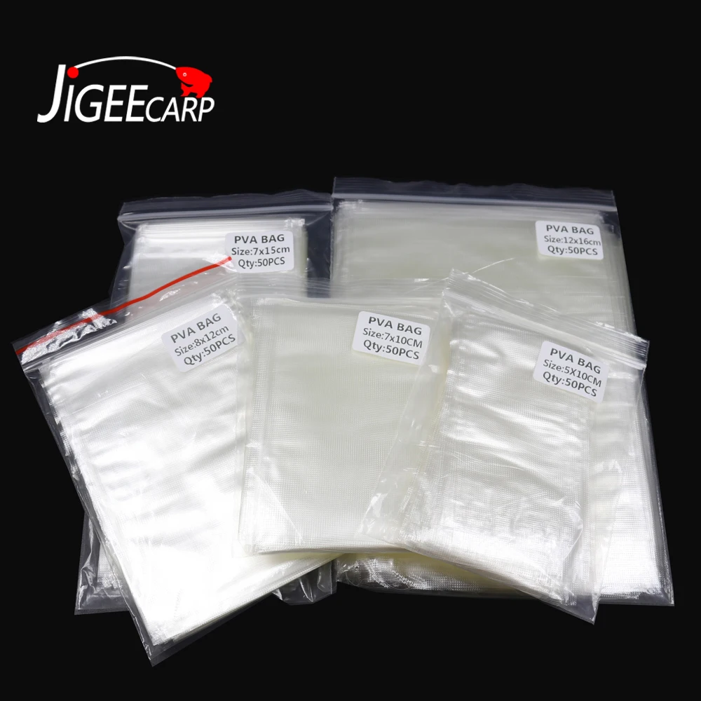 JIGEECARP-Carp Fishing PVA Bags, dissolução rápida, material de pesca ambiental, Combater Carp Bait Bags, 5x10cm, 7x10cm, 50Pcs