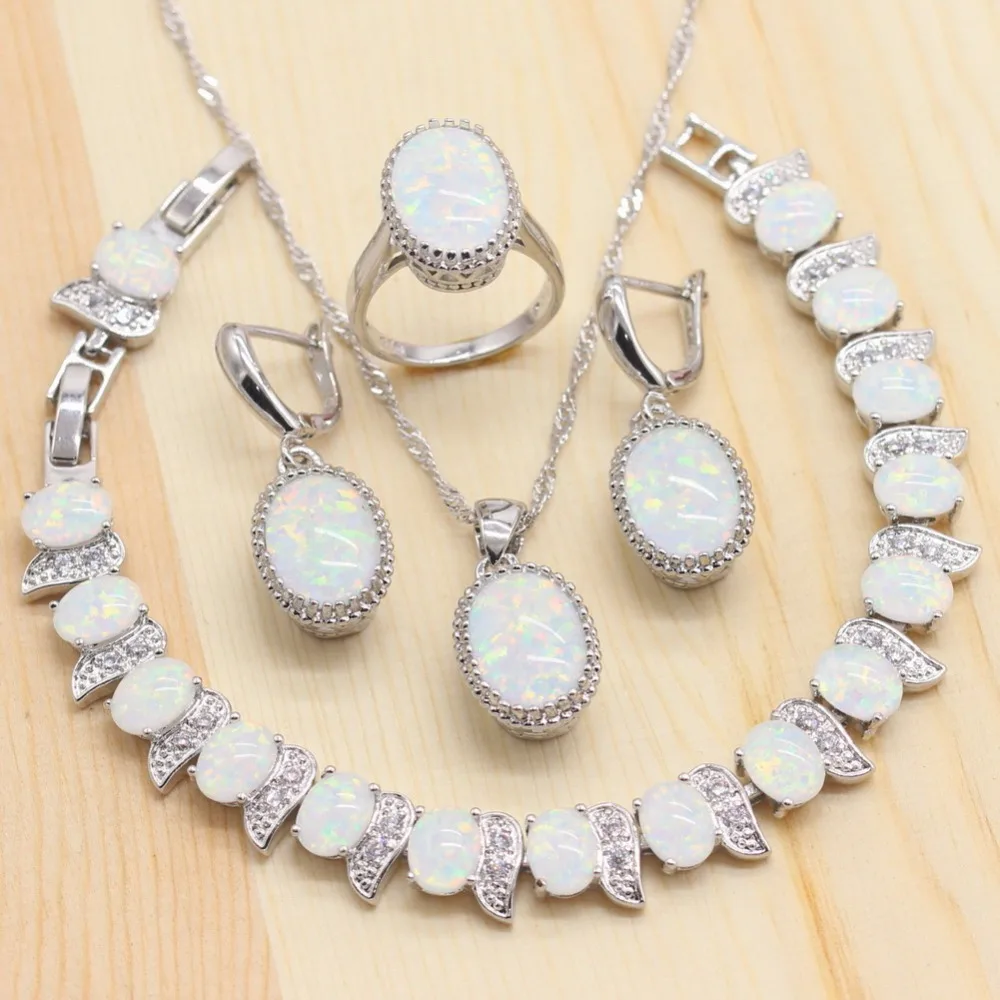 Classic Women Sliver Color Jewelry Sets White Opal Necklace Pendant